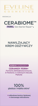Eveline CERABIOME nawilżający krem odżywczy, opakowanie beżowo-fioletowe, widok z przodu. PDRN+ ceramidy.