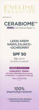 Eveline CERABIOME Lekki Krem SPF 50, nawilżający, ochronny, w beżowo-fioletowym opakowaniu, widok z przodu.