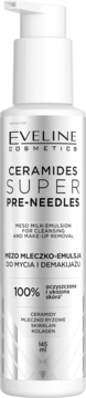 Biała butelka Eveline Ceramides Super Pre-Needles mezo-mleczna emulsja z pompką 145 ml, widok z przodu.