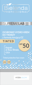 Bielenda SUPREMELAB Tinted protective face cream SPF 50 with Snail Slime & CICA. Light blue packaging, front.