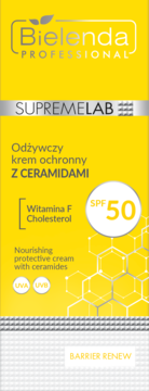 Bielenda Supremelab krem ochronny z ceramidami SPF 50 UVA UVB, żółte opakowanie z napisem Barrier Renew, front.