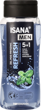 ISANA MEN Refresh 5w1 żel pod prysznic, butelka Rossmann z miętą i wodą, front. Do ciała/włosów/twarzy.