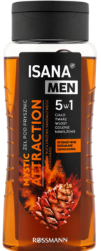 Isana Men Mystic Attraction 5w1 żel pod prysznic, sandałowiec, bursztynowa butelka, czarna etykieta, widok z przodu.