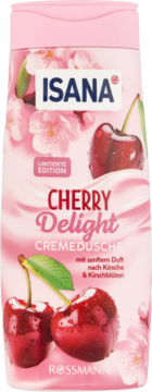 Isana Cherry Delight kremowy żel pod prysznic, różowa butelka z wiśniami, widok z przodu, słodki zapach.