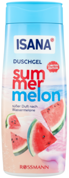 Isana żel pod prysznic Summer Melon w niebiesko-różowej butelce z arbuzem, widok z przodu, limitowana edycja.