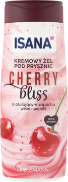 Isana Cherry Bliss kremowy żel pod prysznic wiśnia wanilia, różowa butelka z wiśniami, widok z przodu.