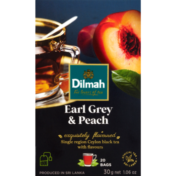 Front opakowania herbaty Dilmah Earl Grey & Peach. Czarna herbata cejlońska z nutą brzoskwini, 20 torebek, ciemne tło.