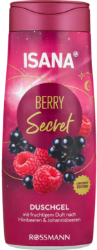Żel pod prysznic Isana Berry Secret. Różowa butelka z malinami i czarnymi porzeczkami, widok z przodu.
