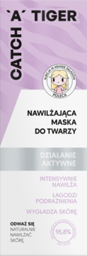 A' Tiger Catch nawilżająca maska do twarzy w fioletowym opakowaniu. Intensywnie nawilża, koi, wygładza skórę.