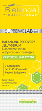 Bielenda Supremelab Balancing Recovery Jelly-Serum do cery problematycznej, żółto-srebrne pudełko, widok z przodu.