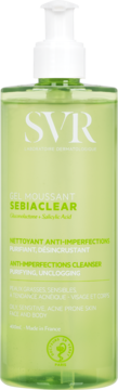 SVR Sebiaclear Żel Moussant 400ml, zielona butelka z pompką, do skóry trądzikowej, widok z przodu.