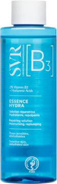 SVR B3 Essence Hydra, niebieska butelka z białym korkiem, nawilżająca esencja do twarzy z 2% niacynamidem.