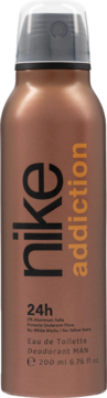 Męski dezodorant Nike Addiction 24h w sprayu, 200 ml, miedziana butelka, widok z przodu, czarno-pomarańczowe napisy.