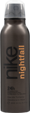 Ciemna metaliczna butelka dezodorantu w sprayu Nike Nightfall 24h dla mężczyzn, 200 ml, pomarańczowy tekst.