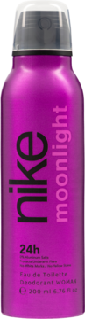 Nike Moonlight dezodorant damski 200ml, metaliczna fioletowa butelka z czarnym logo "nike", widok z przodu.