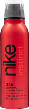 Czerwony damski dezodorant w sprayu Nike Instinct Woman 200ml, z czarnymi napisami i przezroczystą nakrętką, widok z przodu.
