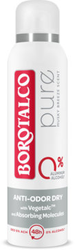 Dezodorant w sprayu Borotalco Pure Musky Breeze, biała butelka z czerwonym logo, 0% aluminium i alkoholu.
