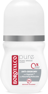 Dezodorant Borotalco Pure Musky Breeze w kulce, biała butelka z szarą etykietą, 0% aluminium, widok z przodu.