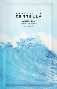 SKIN1004 Madagascar Centella Hyalu-Cica Hydrating Mask, biała saszetka z dużą falą, nawilżająca maska.