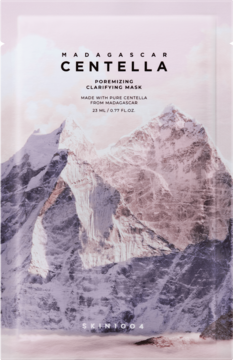 Różowa saszetka maski SKIN1004 Madagascar Centella Poremizing Clarifying Mask z górami. Maska w płachcie na pory.