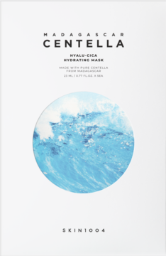 SKIN1004 Madagascar Centella Hyalu-Cica Hydrating Mask, białe opakowanie z okrągłym wzorem niebieskich fal.