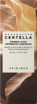 Madagascar Centella Probio-CICA Intensive Ampoule 30ml box, front view. Brown canyon pattern, white label, black text.
