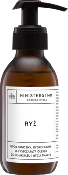Hipoalergiczny olejek Ministerstwo Ryż do demakijażu w brązowej butelce z czarną pompką, widok frontalny.