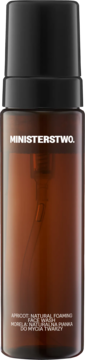 Ministerstwo. Apricot Natural Foaming Face Wash w bursztynowej butelce z czarną pompką, widok z przodu.