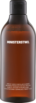 Brązowa butelka Ministerstwo Morela łagodny płyn micelarny do demakijażu, czarny korek, widok z przodu.