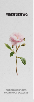 MINISTERSTWO. Różowa róża z pąkami na łodydze. Etykieta: ROSE: ORGANIC HYDROSOL. Produkt hydrolat z róży.