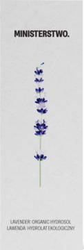 Ministerstwo, etykieta organicznego hydrolatu lawendowego z centralnie umieszczoną ilustracją fioletowej lawendy.