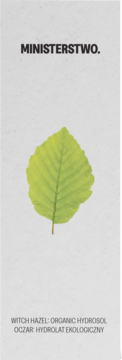 MINISTERSTWO. Ekologiczny hydrolat oczarowy z liści, widok na jasnozielony liść na białym tle.