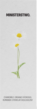 Minimalistyczna etykieta MINISTERSTWO. z rysunkiem rumianku. Chamomile organic hydrosol, Rumianek Hydrolat.