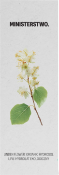 Ministerstwo: Linden Flower Organic Hydrosol. Ujęcie kwitnącej gałązki lipy z liśćmi na jasnym tle.