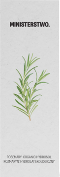 MINISTERSTWO. Rozmarynowy hydrolat ekologiczny: świeża, intensywnie zielona gałązka na jasnym tle.