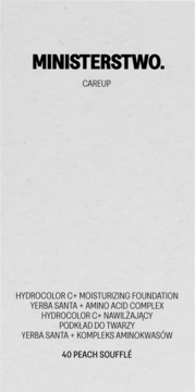 Frontalny widok minimalistycznej etykiety nawilżającego podkładu Ministerstwo Hydrocolor C+ 40 Peach Soufflé.