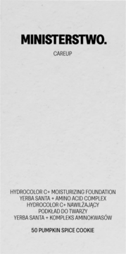Etykieta Ministerstwo Careup Hydrocolor C+ nawilżający podkład 50 Pumpkin Spice Cookie, czarny tekst na szarym tle.