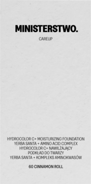 Minimalistyczna etykieta podkładu nawilżającego Ministerstwo Hydrocolor C+, 60 Cinnamon Roll, na jasnym tle.