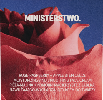 Etykieta Ministerstwo. nawilżającego kremu Róża-Malina, czerwona róża, białe napisy na niebieskim tle.