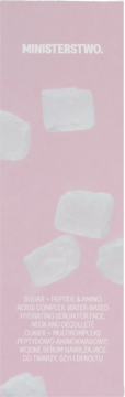 Ministerstwo Cukier, serum wodne nawilżające, różowe opakowanie z białymi kryształkami cukru i tekstem.
