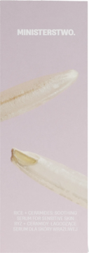 Ministerstwo łagodzące serum Ryż + Ceramidy w jasnofioletowym pudełku, z grafiką ryżu.