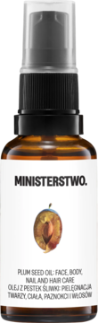 Ministerstwo Olej z Pestek Śliwki do twarzy, ciała, włosów: bursztynowa butelka z pompką, biała etykieta, front.