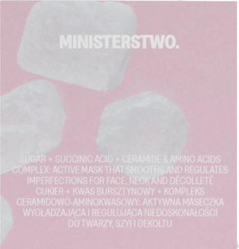 Różowa etykieta maski Ministerstwo Cukier, z grafiką białych kryształków, kwas bursztynowy, zapach waty cukrowej.
