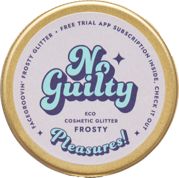 Złota okrągła puszka brokatu Ministerstwo Dobrego Mydła Frosty, góra z białym tłem i niebiesko-fioletowym napisem "No Guilty".