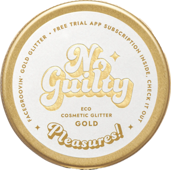 Brokatowe piegi Ministerstwo Dobrego Mydła. Złota puszka z białym wieczkiem i napisem "No Guilty Gold".