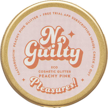 Okrągła, złota puszka z brokatowymi piegami No Guilty Peachy Pink, różowa etykieta, widok z góry.