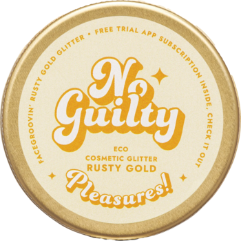 No Guilty Cosmetic Glitter Rusty Gold, złota okrągła puszka, widok z góry, z tekstem „Pleasures!” i ofertą subskrypcji.
