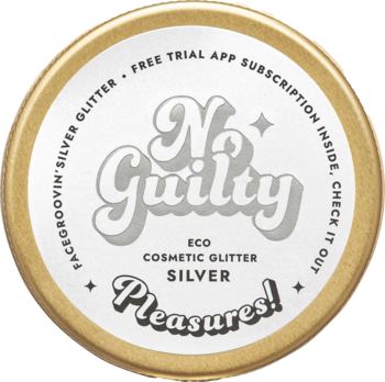 Widok z góry: złoty pojemnik brokatowych piegów No Guilty Pleasures Silver z napisem 'ECO COSMETIC GLITTER'.