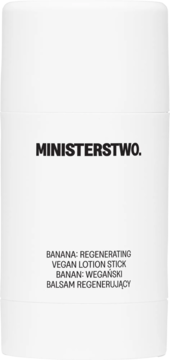 Biały, cylindryczny sztyft Ministerstwo. Banana Regenerating Vegan Lotion Stick, widok z przodu.