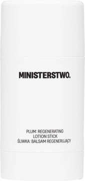 Biały balsam do ciała Ministerstwo. Śliwka Regenerujący Lotion Stick, widok z przodu, czarny napis.